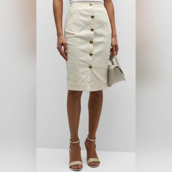 $465 Ramy Brook Women's LENNOX Denim & Lace Midi Skirt In Ivory Size 6 $395 HTF